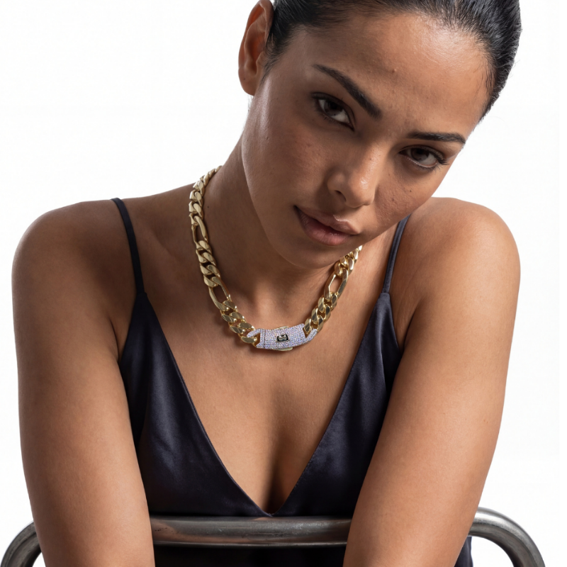 Women's Necklace/Choker - Monaco Chain FIGARO Pavé Lock
